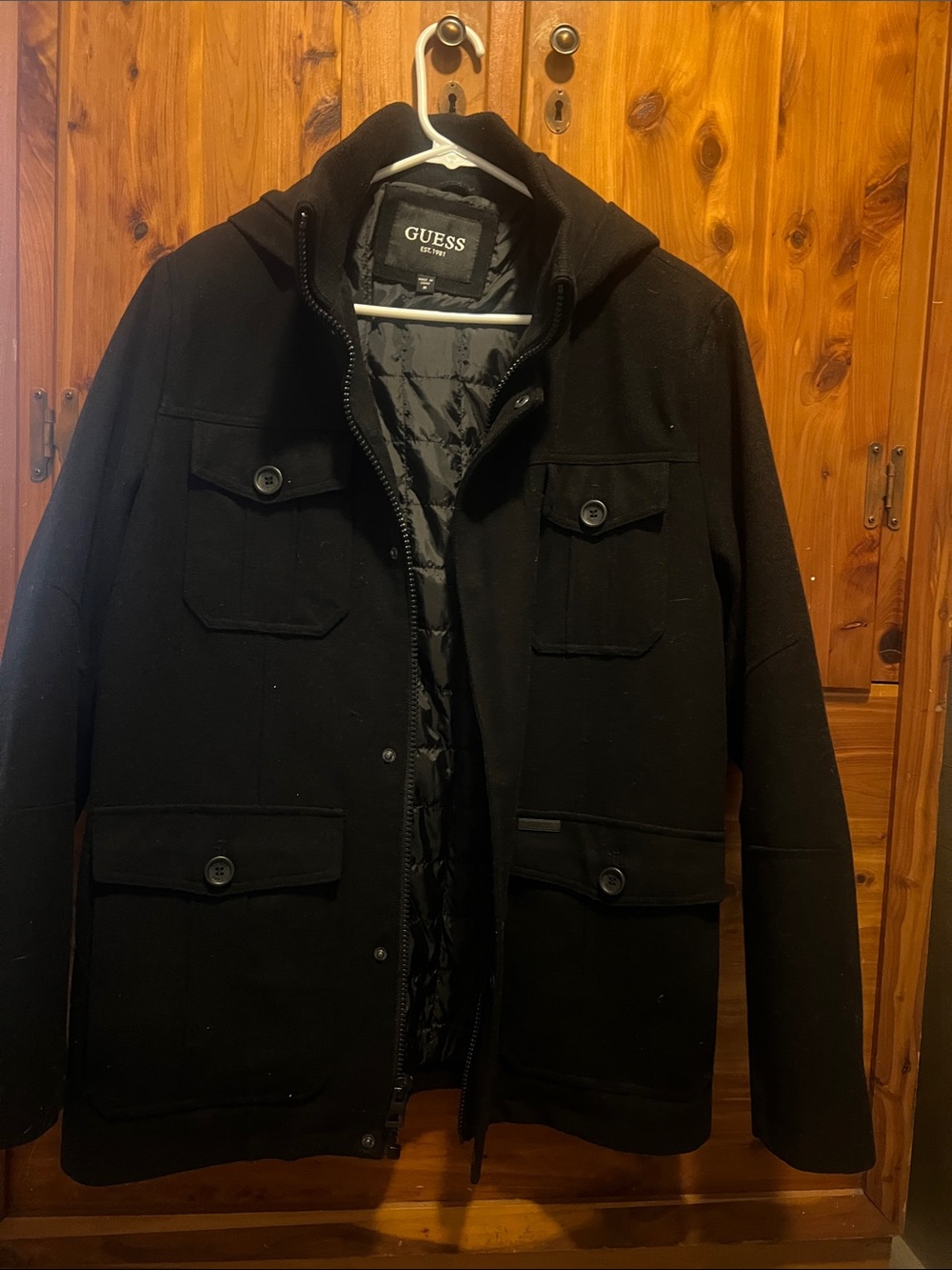 GUESS Black Men's Hooded Military-Style Field Jacket